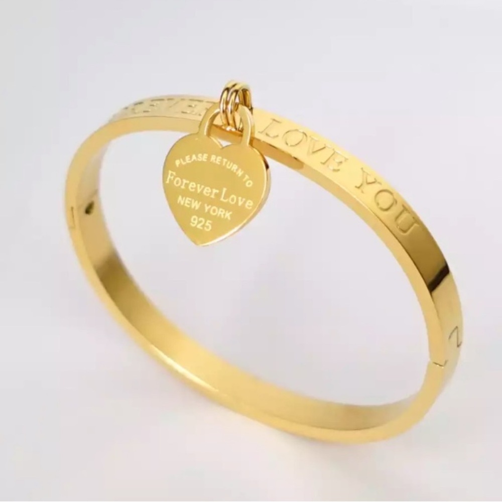 18k Yellow Gold Over Stainless Steel High-Polished "Love You Forever" Bangle! - Picture 2 of 3